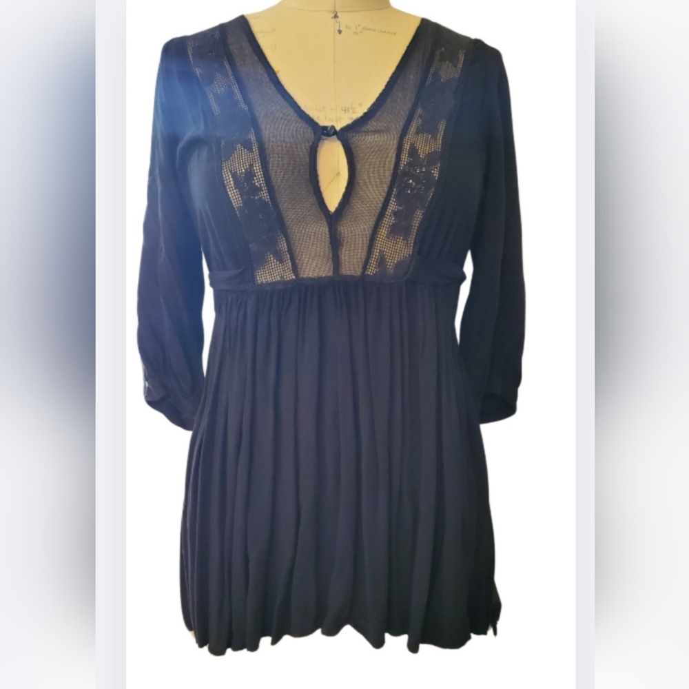 Local Celebrity Black Dress Tunic Lacy Keyhole Tie Back Sz S